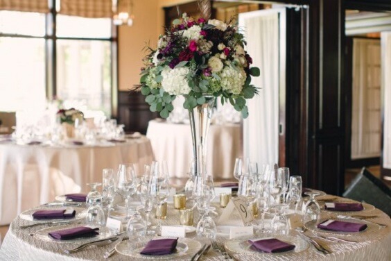 Wedding table decorations for Purple, Champagne and Grey September Wedding 2020