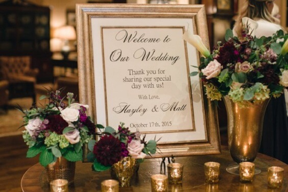 Welcome board for Purple, Champagne and Grey September Wedding 2020