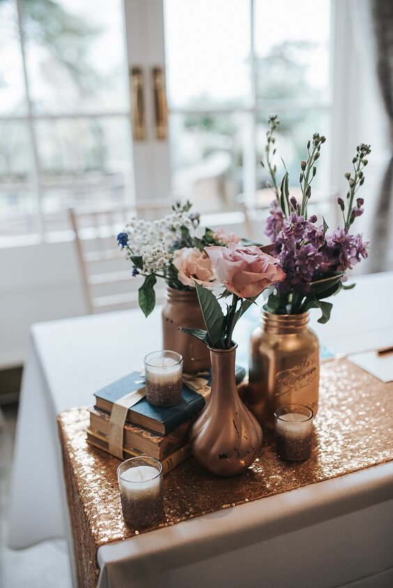 Wedding table decoratins for Blush, Peach and Navy Blue September Wedding 2020