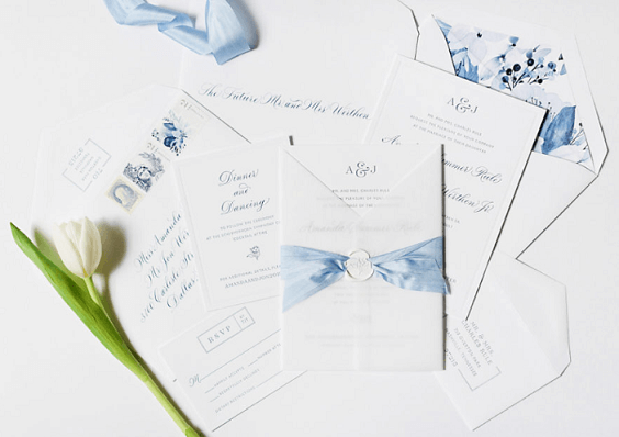 Weddng cards for Light blue, White and Dark Blue August Wedding 2020