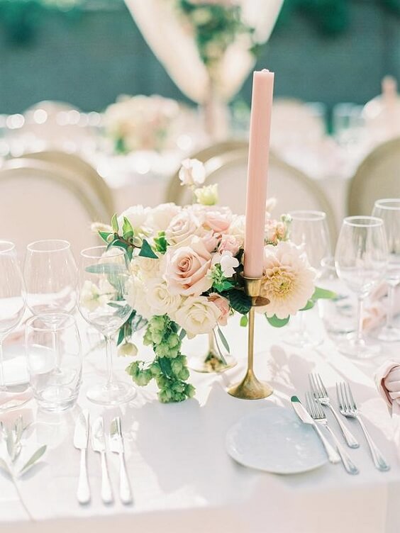 Wedding table decorations for Blush, White and Dark Blue August Wedding 2020