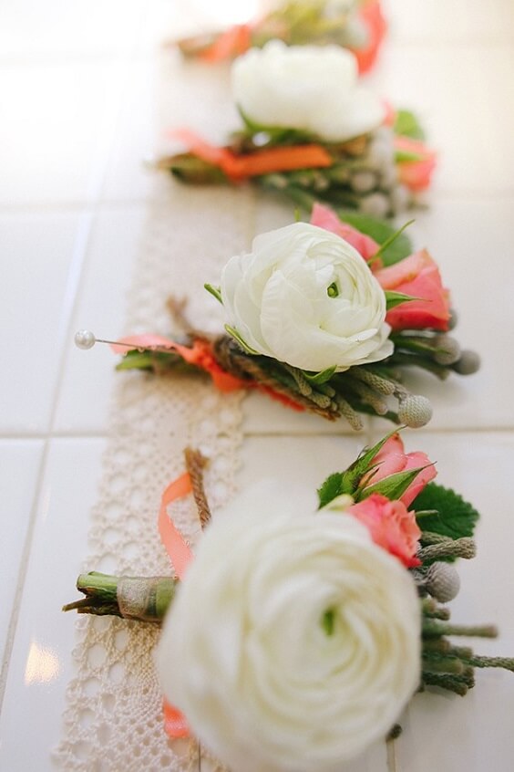 Wedding boutonniere for Mint green, Peach and Grey August Wedding 2020