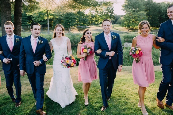 Wedding party wearing for Pink, Yellow and Navy Blue August Wedding 2020