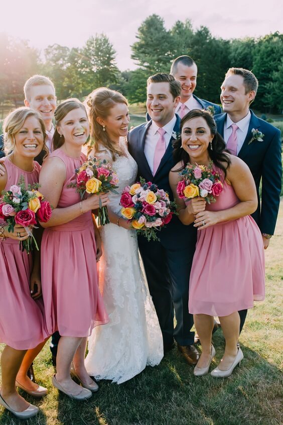 Wedding party wearing for Pink, Yellow and Navy Blue August Wedding 2020