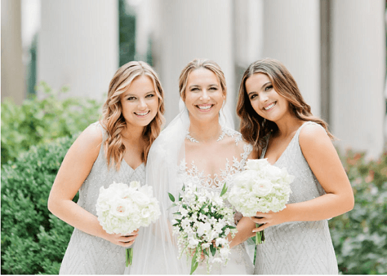 Silver bridesmaid dresses for Silver, Ivory and Light Blue August Wedding 2020