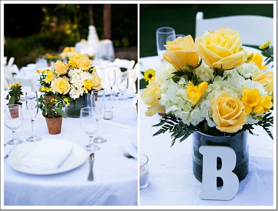 Wedding table decoratons for Yellow, White and Grey August Wedding 2020