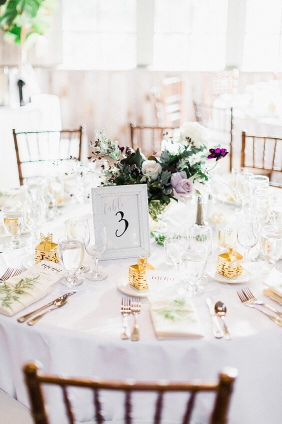 Table decorations for Light Purple, Eggplant and Navy Blue October Wedding 2020