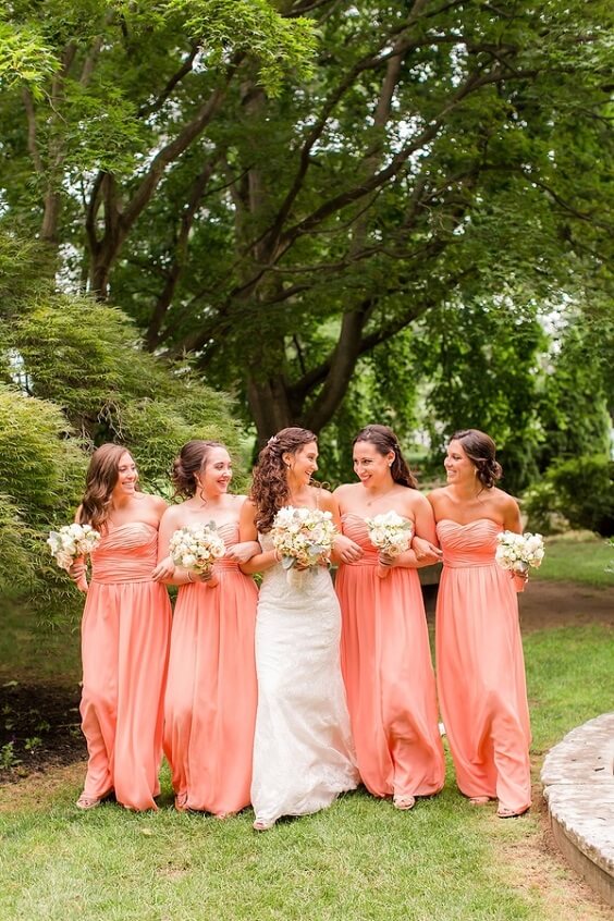 Peach bridesmaid dresses for Peach, Mint Green and Grey October Wedding 2020