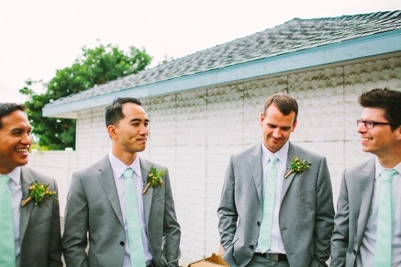 Grey groom groomsmen attire for Peach, Mint Green and Grey October Wedding 2020