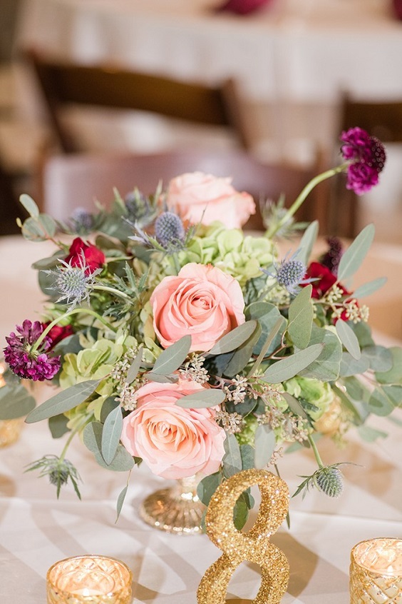 Table decoratins for Burgundy, Peach and Navy Blue October Wedding 2020
