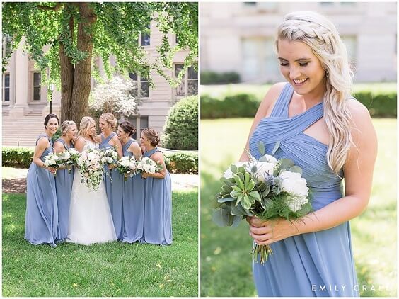 Bridesmaid dresses for Dusty Blue, White and Grey October Wedding 2020