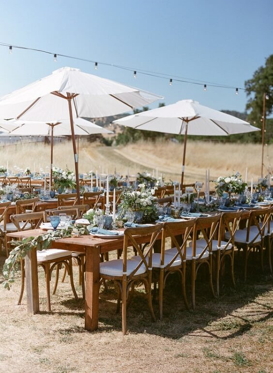 Table decorations for Dusty Blue, White and Grey October Wedding 2020
