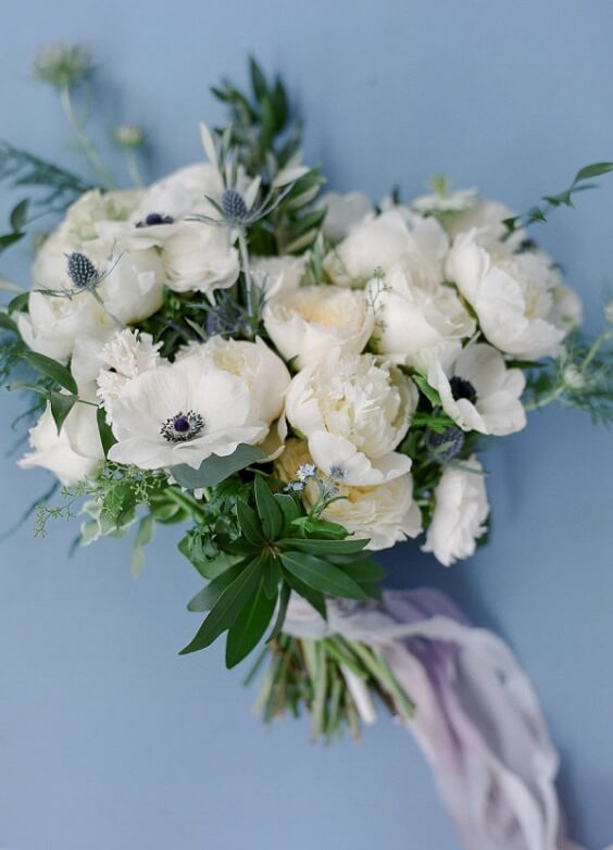 White bouquet for Dusty Blue, White and Grey October Wedding 2020