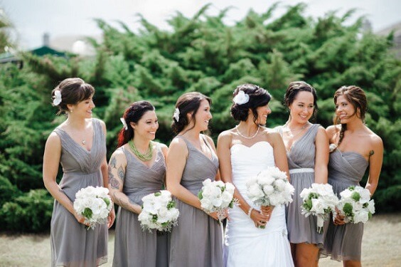 Grey, White and Navy Blue July Wedding 2020, Grey Bridesmaid Dresses, White Bridal Gown