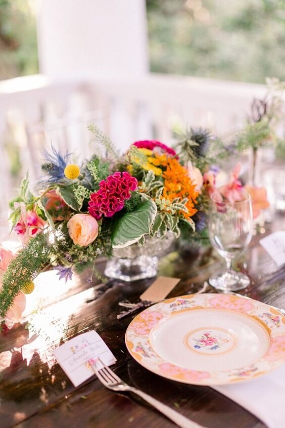 Wedding table decorations for Yellow, Fuchsia and Navy Blue July Wedding 2020