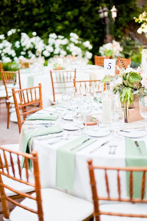 Wedding table decorations for Mint Green, White and Khaki July Wedding 2020