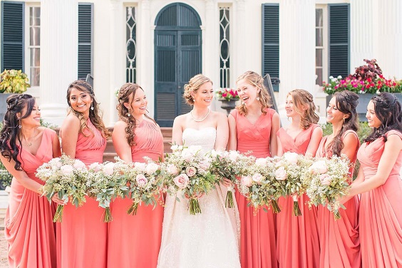 Coral, Gold and Navy Blue July Wedding 2020, Coral Bridesmaid Dresses, Navy Blue Suits