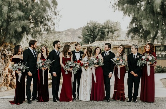Wedding Party Wearing for Dark Red, White and Black December Wedding 2020