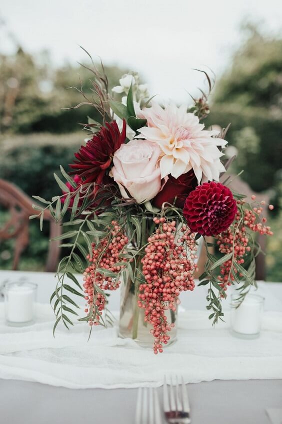 Wedding table decorations for Dark Red, White and Black December Wedding 2020