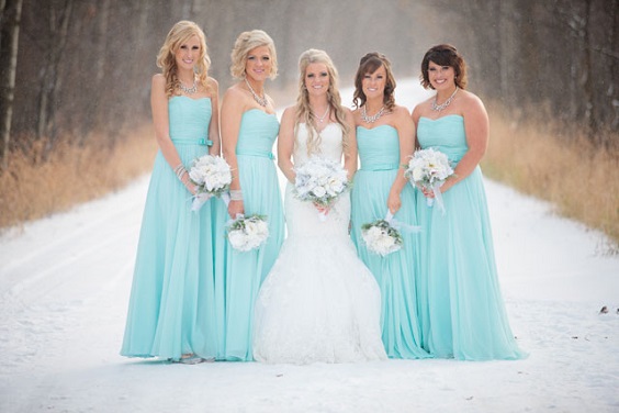 Turquoise, White and Grey December Wedding 2020, Turquoise Bridesmaid Dresses, Grey Suits