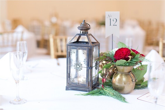 Wedding table decorations for Burgundy, Greenery and Grey December Wedding 2020