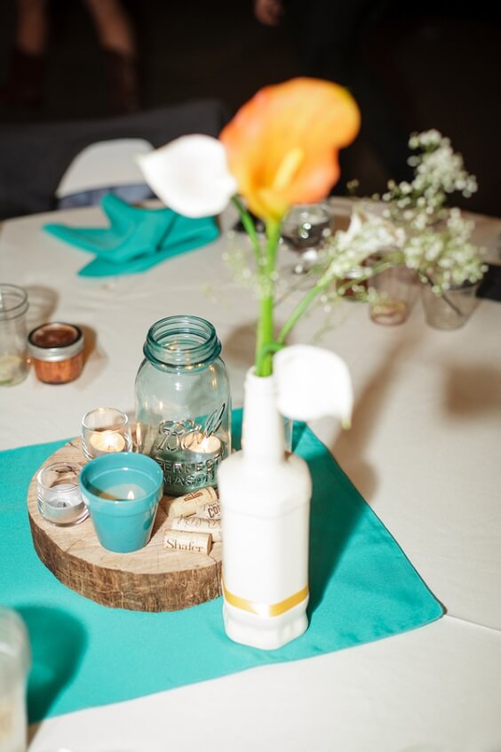 Wedding table decorations for Teal, Orange and Grey December Wedding 2020
