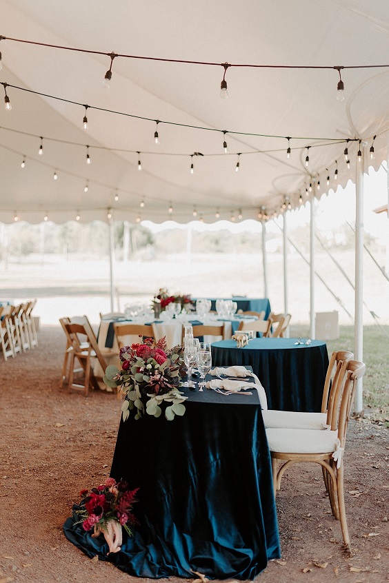 burgundy flowers and navy blue tablecloth for january wedding colors 2022 burgundy and navy blue