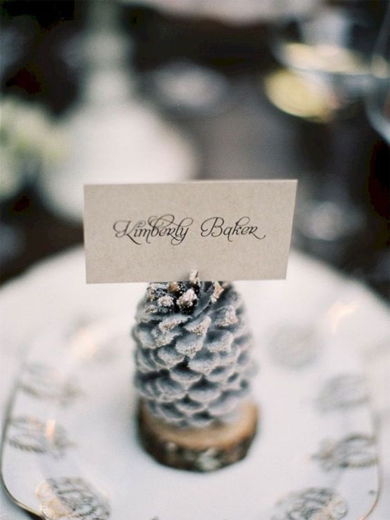 pinecone name card holder for january wedding colors 2022 grey and dusty blue