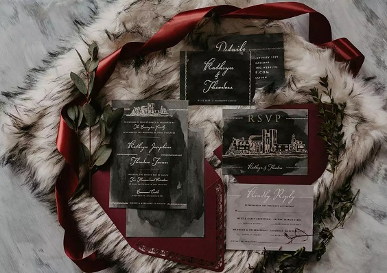 black wedding invitations with burgundy ribbons for february wedding colors 2022 burgundy black and white colors