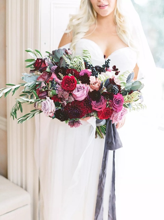 white bridal gown burgundy bouquets for february wedding colors 2022 burgundy black and white colors