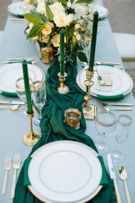 emerald wedding and gold table setting for february wedding colors 2022 emerald green gold and black colors