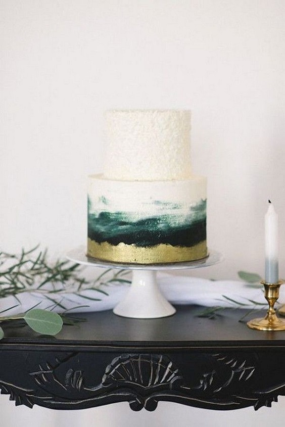 white wedding cake with emeral and gold decoration for february wedding colors 2022 emerald green gold and black colors