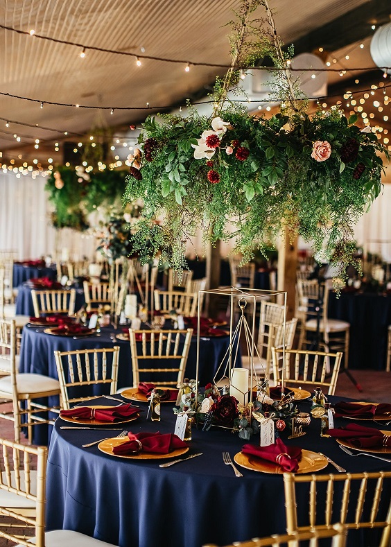 navy blue wedding tablecloth and burgundy napkin for february wedding colors 2022 red grey and navy blue colors