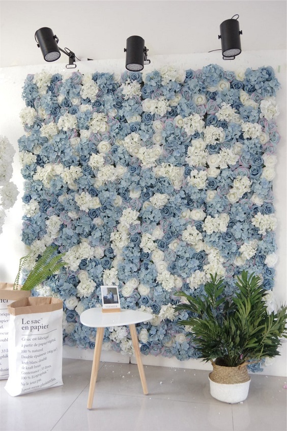 dusty blue and white floral wall for march wedding colors 2022 dusty blue white and blush