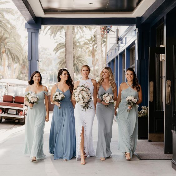 light grey and dusty blue bridesmaid dresses for march wedding colors 2022 dusty blue white and blush