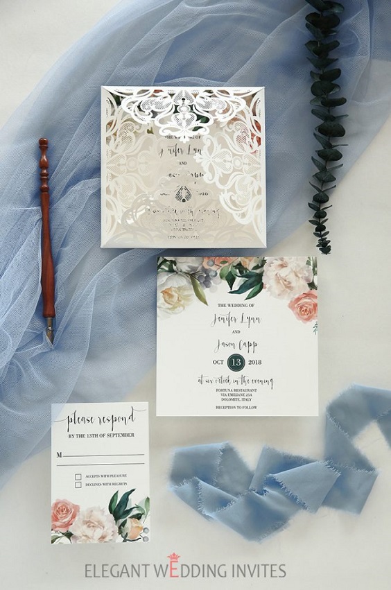 white and blush invitations for march wedding colors 2022 dusty blue white and blush