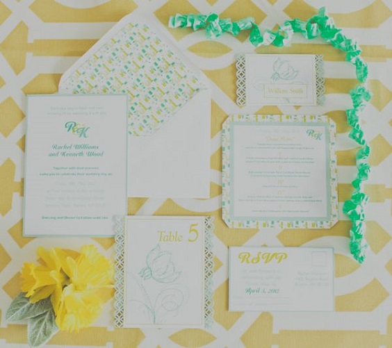 mint and yellow edding stationery for April wedding colors 2022 mint yellow and white