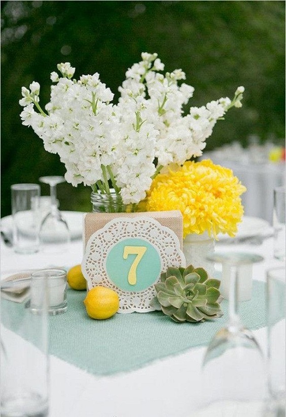 mint wedding table card with yellow and white flower decorations for April wedding colors 2022 mint yellow and white