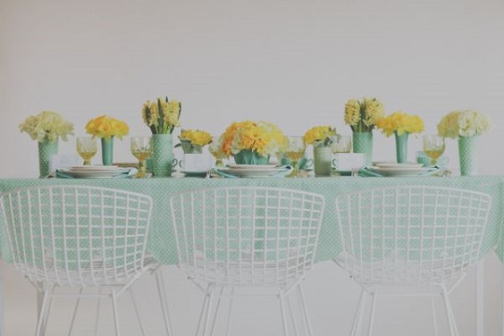 mint wedding tablecloth yellow and white flower decorations for April wedding colors 2022 mint yellow and white