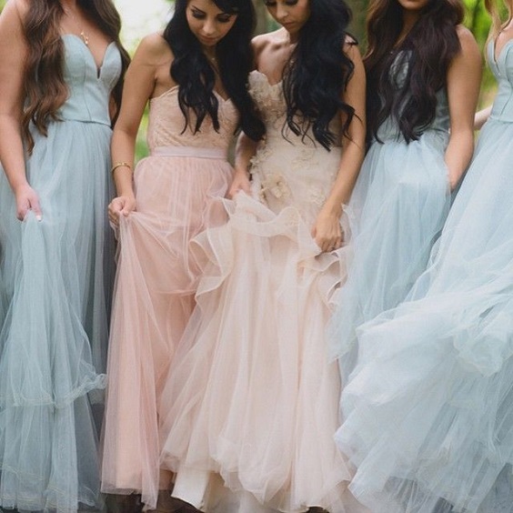 blush bridesmaid dresses and light blue bridesmaid dresses for April wedding colors 2022 light blue blush and peach colors