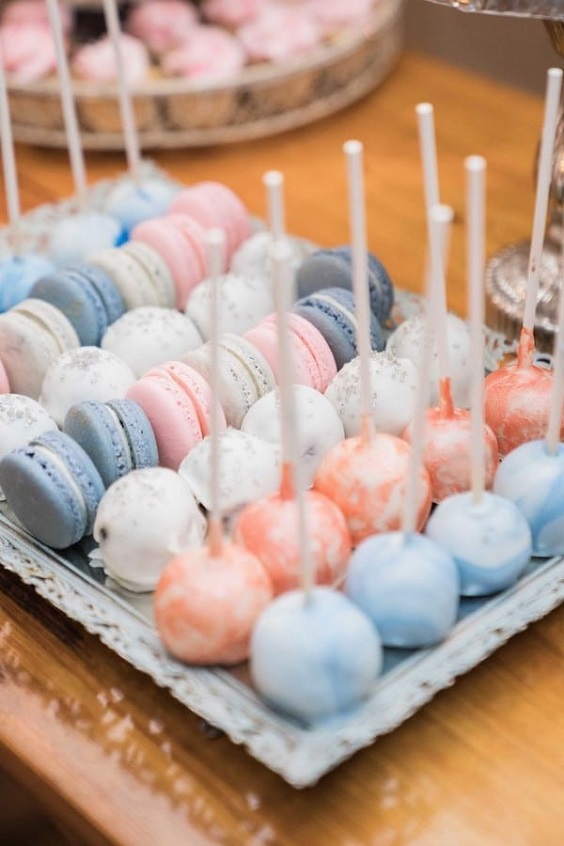 light blue wedding cake pops for April wedding colors 2022 light blue blush and peach colors