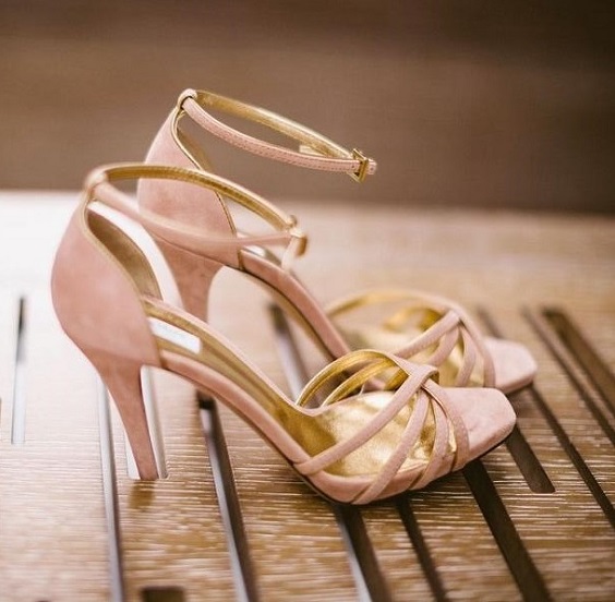 light pink wedding shoes with gold sole for April wedding colors 2022 light pink pale yellow and gold colors