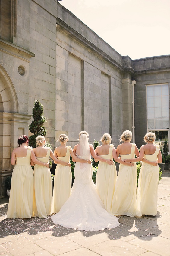 Strapless satin yellow and white wedding bridesmaid dresses and bridal gown  with white bouquets! | Yellow bridesmaid dresses, Yellow bridesmaids,  Bridesmaid colors