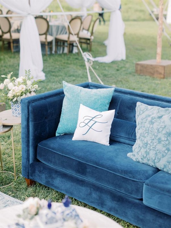 blue wedding sofa for April wedding colors 2022 white and blue colors