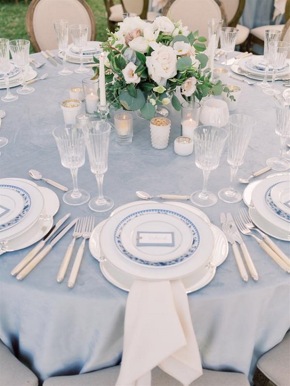 light blue wedding tablecloth white napkin for April wedding colors 2022 white and blue colors