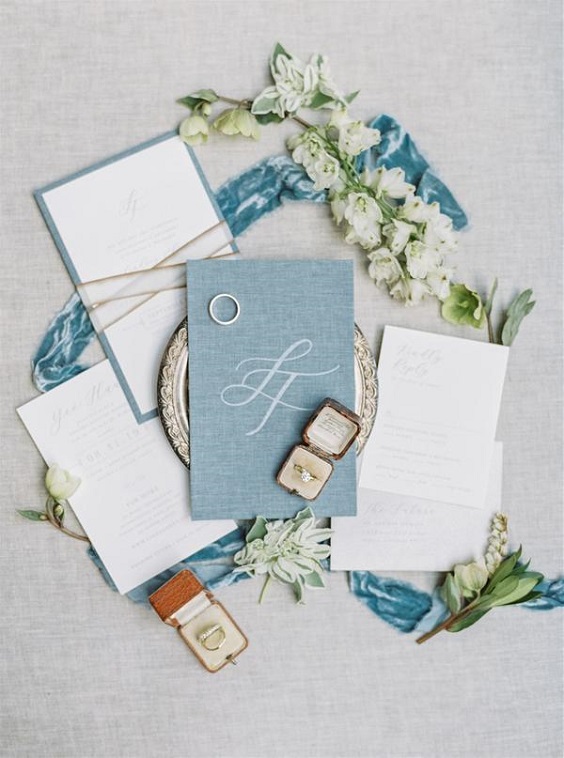 white wedding invitations with blue covers for April wedding colors 2022 white and blue colors