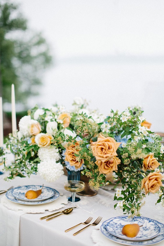 table settings for june wedding colors 2022 dusty blue and yellow