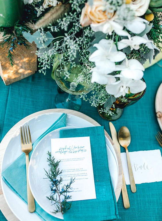teal and gold table setting for june wedding colors 2022 teal and gold