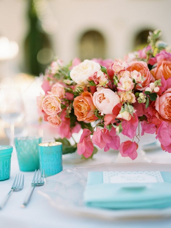 turquoise and pink table setting for june wedding colors 2022 turquoise and pink