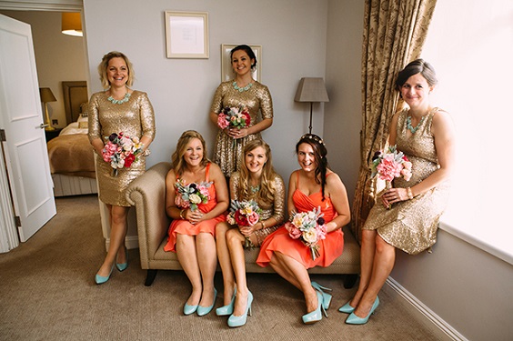 coral and gold mismatched bridesmaid dresses for summer wedding color 2022 coral gold and mint